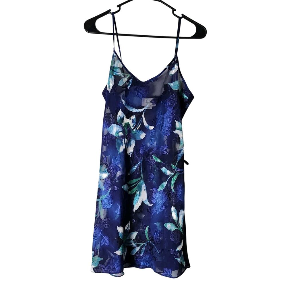 Expressions Lingerie‎ Nightgown Size Small Floral Blue Sheer Side Tie Vintage